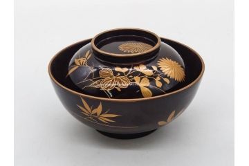 明治〜大正期　輪島塗　沈金蒔絵　木製　菊竹図　雅やかな図柄が素敵な蓋付お椀6客セット(漆器、漆芸、金彩、和食器)(R-077232)