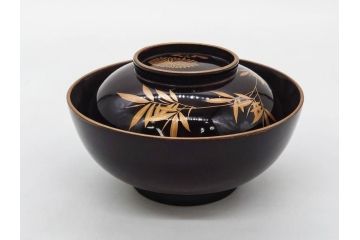 明治〜大正期　輪島塗　沈金蒔絵　木製　菊竹図　雅やかな図柄が素敵な蓋付お椀6客セット(漆器、漆芸、金彩、和食器)(R-077232)
