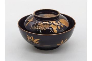 明治〜大正期　輪島塗　沈金蒔絵　木製　菊竹図　雅やかな図柄が素敵な蓋付お椀6客セット(漆器、漆芸、金彩、和食器)(R-077232)