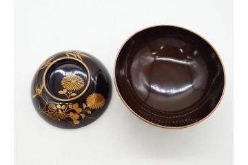 明治〜大正期　輪島塗　沈金蒔絵　木製　菊竹図　雅やかな図柄が素敵な蓋付お椀6客セット(漆器、漆芸、金彩、和食器)(R-077232)