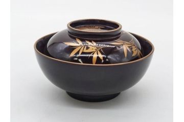 明治〜大正期　輪島塗　沈金蒔絵　木製　菊竹図　雅やかな図柄が素敵な蓋付お椀6客セット(漆器、漆芸、金彩、和食器)(R-077232)