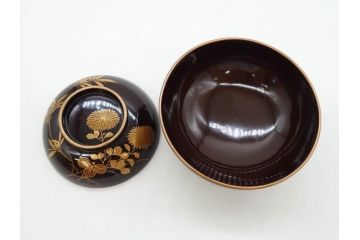 明治〜大正期　輪島塗　沈金蒔絵　木製　菊竹図　雅やかな図柄が素敵な蓋付お椀6客セット(漆器、漆芸、金彩、和食器)(R-077232)