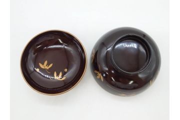 明治〜大正期　輪島塗　沈金蒔絵　木製　菊竹図　雅やかな図柄が素敵な蓋付お椀6客セット(漆器、漆芸、金彩、和食器)(R-077232)
