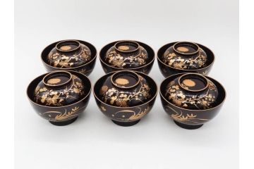 明治〜大正期　輪島塗　沈金蒔絵　木製　菊梅菖蒲図　華やかな図柄が魅力の蓋付お椀6客セット(漆器、漆芸、金彩、和食器)(R-077233)