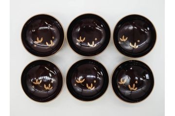 明治〜大正期　輪島塗　沈金蒔絵　木製　菊梅菖蒲図　華やかな図柄が魅力の蓋付お椀6客セット(漆器、漆芸、金彩、和食器)(R-077233)