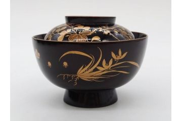 明治〜大正期　輪島塗　沈金蒔絵　木製　菊梅菖蒲図　華やかな図柄が魅力の蓋付お椀6客セット(漆器、漆芸、金彩、和食器)(R-077233)