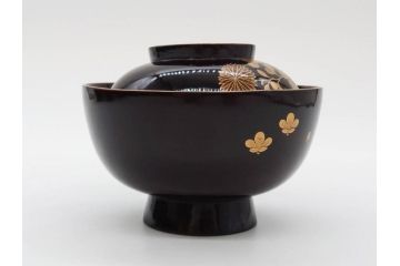 明治〜大正期　輪島塗　沈金蒔絵　木製　菊梅菖蒲図　華やかな図柄が魅力の蓋付お椀6客セット(漆器、漆芸、金彩、和食器)(R-077233)