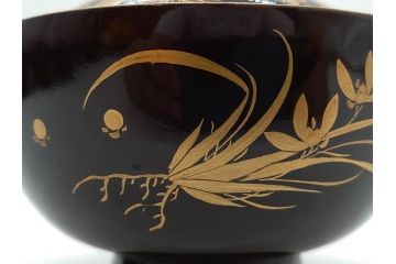 明治〜大正期　輪島塗　沈金蒔絵　木製　菊梅菖蒲図　華やかな図柄が魅力の蓋付お椀6客セット(漆器、漆芸、金彩、和食器)(R-077233)