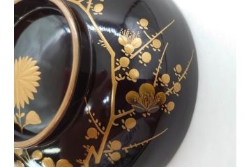明治〜大正期　輪島塗　沈金蒔絵　木製　菊梅菖蒲図　華やかな図柄が魅力の蓋付お椀6客セット(漆器、漆芸、金彩、和食器)(R-077233)