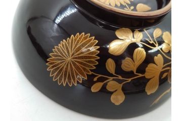 明治〜大正期　輪島塗　沈金蒔絵　木製　菊梅菖蒲図　華やかな図柄が魅力の蓋付お椀6客セット(漆器、漆芸、金彩、和食器)(R-077233)