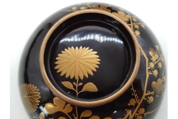 明治〜大正期　輪島塗　沈金蒔絵　木製　菊梅菖蒲図　華やかな図柄が魅力の蓋付お椀6客セット(漆器、漆芸、金彩、和食器)(R-077233)