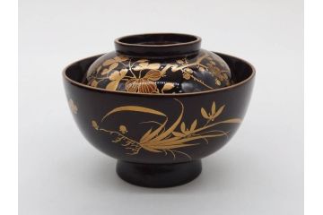 明治〜大正期　輪島塗　沈金蒔絵　木製　菊梅菖蒲図　華やかな図柄が魅力の蓋付お椀6客セット(漆器、漆芸、金彩、和食器)(R-077233)