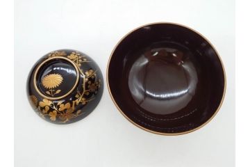 明治〜大正期　輪島塗　沈金蒔絵　木製　菊梅菖蒲図　華やかな図柄が魅力の蓋付お椀6客セット(漆器、漆芸、金彩、和食器)(R-077233)