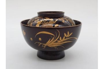 明治〜大正期　輪島塗　沈金蒔絵　木製　菊梅菖蒲図　華やかな図柄が魅力の蓋付お椀6客セット(漆器、漆芸、金彩、和食器)(R-077233)