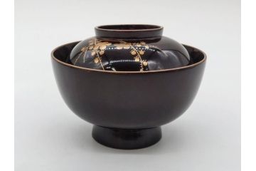 明治〜大正期　輪島塗　沈金蒔絵　木製　菊梅菖蒲図　華やかな図柄が魅力の蓋付お椀6客セット(漆器、漆芸、金彩、和食器)(R-077233)