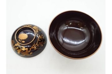 明治〜大正期　輪島塗　沈金蒔絵　木製　菊梅菖蒲図　華やかな図柄が魅力の蓋付お椀6客セット(漆器、漆芸、金彩、和食器)(R-077233)