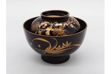 明治〜大正期　輪島塗　沈金蒔絵　木製　菊梅菖蒲図　華やかな図柄が魅力の蓋付お椀6客セット(漆器、漆芸、金彩、和食器)(R-077233)