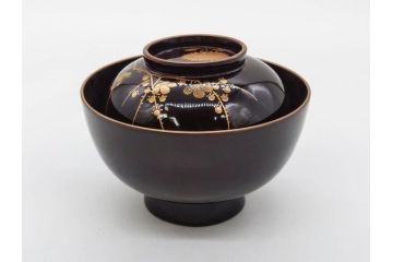 明治〜大正期　輪島塗　沈金蒔絵　木製　菊梅菖蒲図　華やかな図柄が魅力の蓋付お椀6客セット(漆器、漆芸、金彩、和食器)(R-077233)