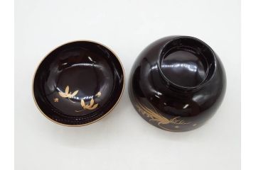 明治〜大正期　輪島塗　沈金蒔絵　木製　菊梅菖蒲図　華やかな図柄が魅力の蓋付お椀6客セット(漆器、漆芸、金彩、和食器)(R-077233)