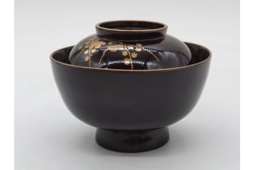 明治〜大正期　輪島塗　沈金蒔絵　木製　菊梅菖蒲図　華やかな図柄が魅力の蓋付お椀6客セット(漆器、漆芸、金彩、和食器)(R-077233)