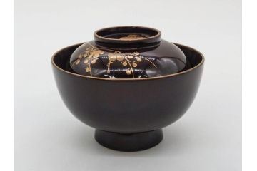 明治〜大正期　輪島塗　沈金蒔絵　木製　菊梅菖蒲図　華やかな図柄が魅力の蓋付お椀6客セット(漆器、漆芸、金彩、和食器)(R-077233)