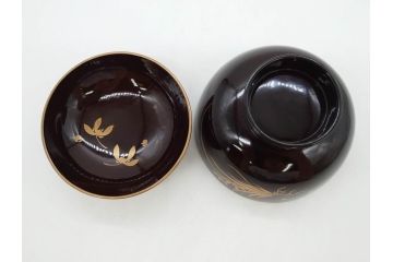 明治〜大正期　輪島塗　沈金蒔絵　木製　菊梅菖蒲図　華やかな図柄が魅力の蓋付お椀6客セット(漆器、漆芸、金彩、和食器)(R-077233)