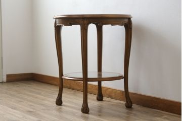 中古　美品　イタリア高級家具　メデア(Medea)　品のある佇まいが美しいガラストップサイドテーブル(コーヒーテーブル、ラウンドテーブル、花台、飾り台)(R-077249)