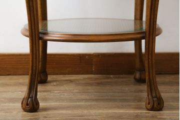 中古　美品　イタリア高級家具　メデア(Medea)　品のある佇まいが美しいガラストップサイドテーブル(コーヒーテーブル、ラウンドテーブル、花台、飾り台)(R-077249)