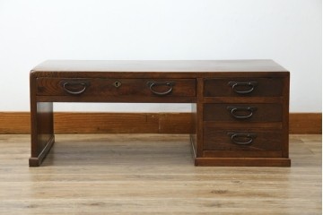 和製アンティーク　総欅(ケヤキ)材　素朴な佇まいの片袖机(文机、座机、ローテーブル、作業台、ワークデスク、在宅用、在宅ワーク用)(R-077261)