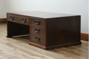 和製アンティーク　総欅(ケヤキ)材　素朴な佇まいの片袖机(文机、座机、ローテーブル、作業台、ワークデスク、在宅用、在宅ワーク用)(R-077261)