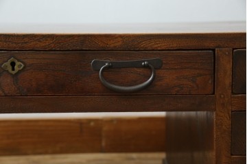 和製アンティーク　総欅(ケヤキ)材　素朴な佇まいの片袖机(文机、座机、ローテーブル、作業台、ワークデスク、在宅用、在宅ワーク用)(R-077261)