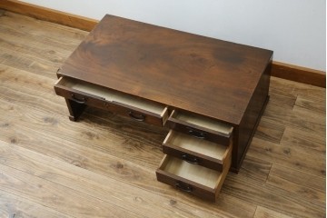 和製アンティーク　総欅(ケヤキ)材　素朴な佇まいの片袖机(文机、座机、ローテーブル、作業台、ワークデスク、在宅用、在宅ワーク用)(R-077261)