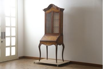 イギリスビンテージ　美しいシルエットの象嵌入りビューローブックケース(本箱、キャビネット、収納棚、戸棚、飾り棚、ワークデスク、在宅用、在宅ワーク用、英国、ヴィンテージ)(R-077274)