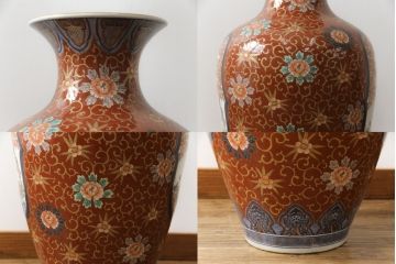 秀峰作　有田焼　色絵　大花瓶　高さ75cm　鮮やかな色彩の豪華な花瓶(陶器、金彩、花唐草、美人図、梅、桜、牡丹、フラワーベース、壺、つぼ、花器、花入れ、共箱付き)(R-077364)