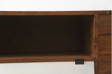 ラフジュ工房オリジナル　古建具リメイク　古材リメイク　アンティークペイントがお洒落なパタパタ扉の脚付き収納棚(リビングボード、サイドボード、サイドキャビネット、戸棚)(R-077365)