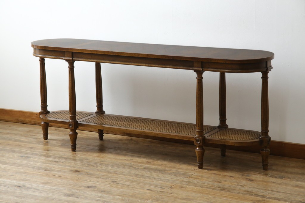 中古　美品　DREXEL HERITAGE(ドレクセルヘリテイジ)　FRANCESCA(フランチェスカ)シリーズ　ラタン張りの棚がお洒落なコンソールテーブル　(R-077366)