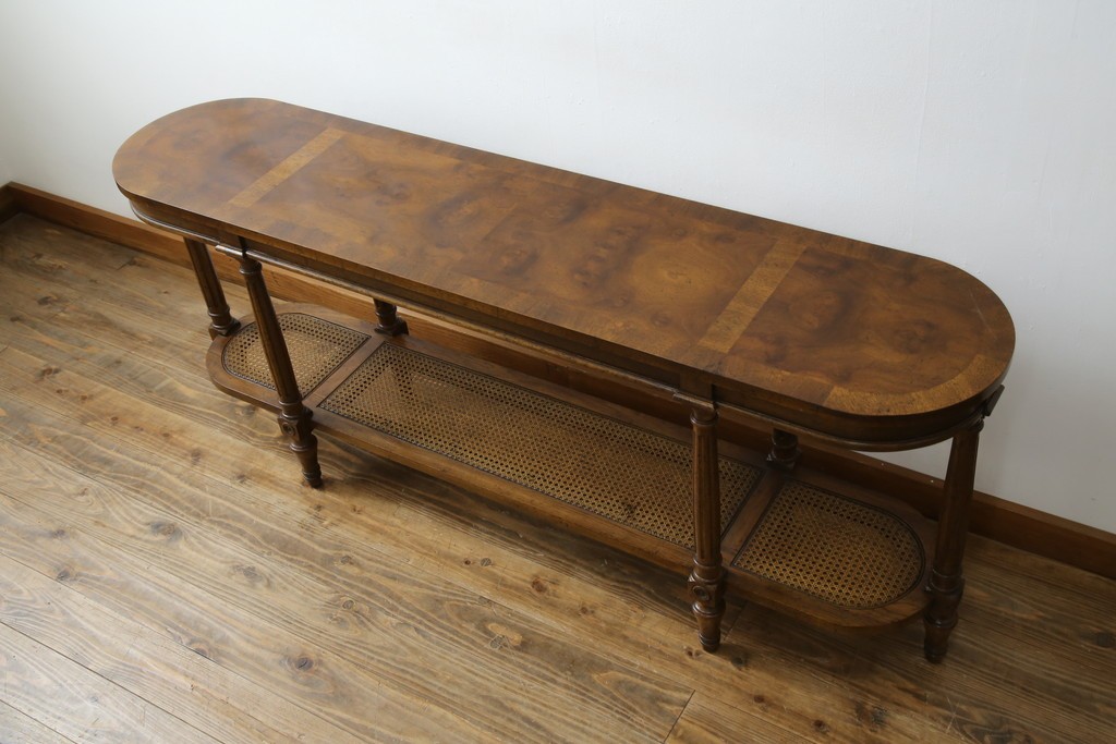 中古　美品　DREXEL HERITAGE(ドレクセルヘリテイジ)　FRANCESCA(フランチェスカ)シリーズ　ラタン張りの棚がお洒落なコンソールテーブル　(R-077366)