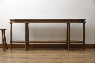 中古　美品　DREXEL HERITAGE(ドレクセルヘリテイジ)　FRANCESCA(フランチェスカ)シリーズ　ラタン張りの棚がお洒落なコンソールテーブル(サイドテーブル、花台、飾り台、作業台)(R-077366)