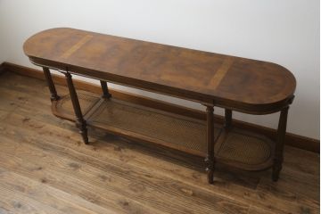 中古　美品　DREXEL HERITAGE(ドレクセルヘリテイジ)　FRANCESCA(フランチェスカ)シリーズ　ラタン張りの棚がお洒落なコンソールテーブル(サイドテーブル、花台、飾り台、作業台)(R-077366)