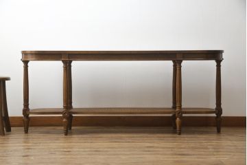 中古　美品　DREXEL HERITAGE(ドレクセルヘリテイジ)　FRANCESCA(フランチェスカ)シリーズ　ラタン張りの棚がお洒落なコンソールテーブル(サイドテーブル、花台、飾り台、作業台)(R-077366)