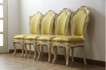 中古　イタリア高級家具　SILIK(シリック)　DAFNEシリーズ　ロココ調　優美な雰囲気漂うチェア4脚セット(ダイニングチェア、サロンチェア、イス、椅子)(定価4脚で約110万円)(R-077369)