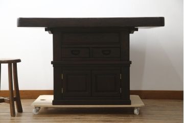 中古　民芸家具　広島県　博永家具　2way　木の風合いが際立つ浮造り仕上げの囲炉裏テーブル(関西火鉢、木製火鉢、2人掛け、4人掛け、ダイニングテーブル、食卓、座卓、ローテーブル、センターテーブル、リビングテーブル)(定価約50万円)(R-077373)