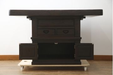 中古　民芸家具　広島県　博永家具　2way　木の風合いが際立つ浮造り仕上げの囲炉裏テーブル(関西火鉢、木製火鉢、2人掛け、4人掛け、ダイニングテーブル、食卓、座卓、ローテーブル、センターテーブル、リビングテーブル)(定価約50万円)(R-077373)