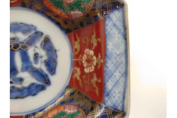 幕末〜明治　伊万里焼　4.1寸　約13cm　金襴手が見事な六角皿5枚セット(色絵、花文、裏印、深鉢、変形皿、小鉢、向付、器、四寸一分、和食器)(R-077385)