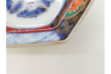 幕末〜明治　伊万里焼　4.1寸　約13cm　金襴手が見事な六角皿5枚セット(色絵、花文、裏印、深鉢、変形皿、小鉢、向付、器、四寸一分、和食器)(R-077385)