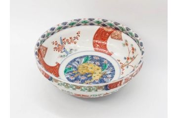 江戸期　古伊万里　上手物　色絵　二重角福　渦福　松竹梅・獅子図　約26cm　8.5寸　色鮮やかな絵付けが目を惹く深鉢(大鉢、八寸五分、和食器、和皿、深皿)(R-077389)