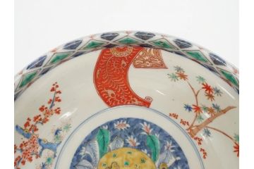 江戸期　古伊万里　上手物　色絵　二重角福　渦福　松竹梅・獅子図　約26cm　8.5寸　色鮮やかな絵付けが目を惹く深鉢(大鉢、八寸五分、和食器、和皿、深皿)(R-077389)