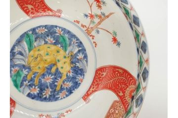 江戸期　古伊万里　上手物　色絵　二重角福　渦福　松竹梅・獅子図　約26cm　8.5寸　色鮮やかな絵付けが目を惹く深鉢(大鉢、八寸五分、和食器、和皿、深皿)(R-077389)