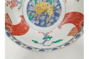 江戸期　古伊万里　上手物　色絵　二重角福　渦福　松竹梅・獅子図　約26cm　8.5寸　色鮮やかな絵付けが目を惹く深鉢(大鉢、八寸五分、和食器、和皿、深皿)(R-077389)