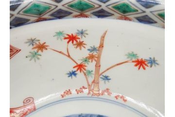 江戸期　古伊万里　上手物　色絵　二重角福　渦福　松竹梅・獅子図　約26cm　8.5寸　色鮮やかな絵付けが目を惹く深鉢(大鉢、八寸五分、和食器、和皿、深皿)(R-077389)